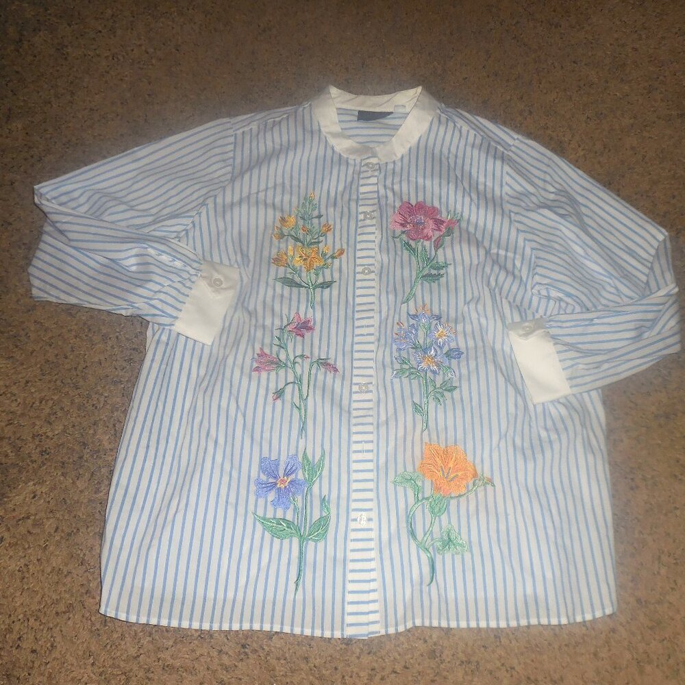 Bob Mackie Wearable Art Embroidered Floral Button Down 1X